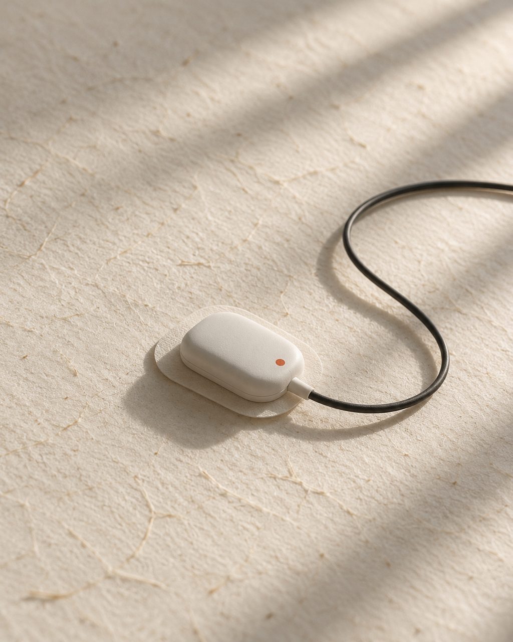 A small white wearable medical sensor resting on washi paper